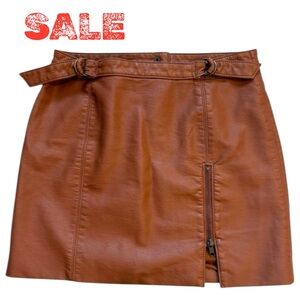 Free People Midnight Magic Vegan Leather Buckle Zipper Slit Mini Skirt Brown 6